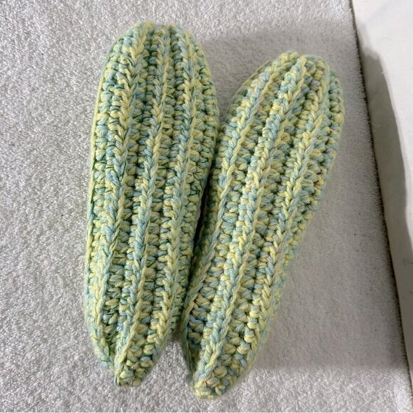 Vintage Handmade Yellow Green Crochet Knit Slippers - Picture 8 of 11